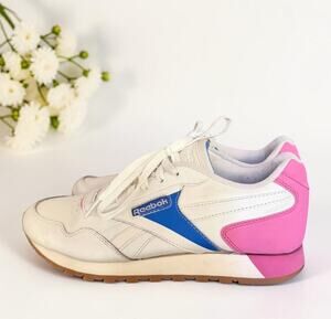 REEBOK CL Harman Run Leather Running Shoes White Pink Blue EG9435 Women's US 8